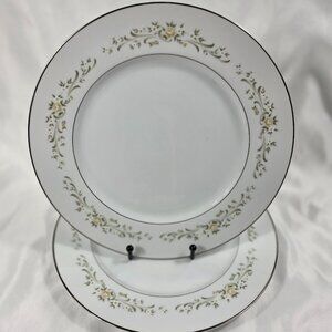 TWO Sango Debutante Dinner Plates White with Flowers and Scrolls